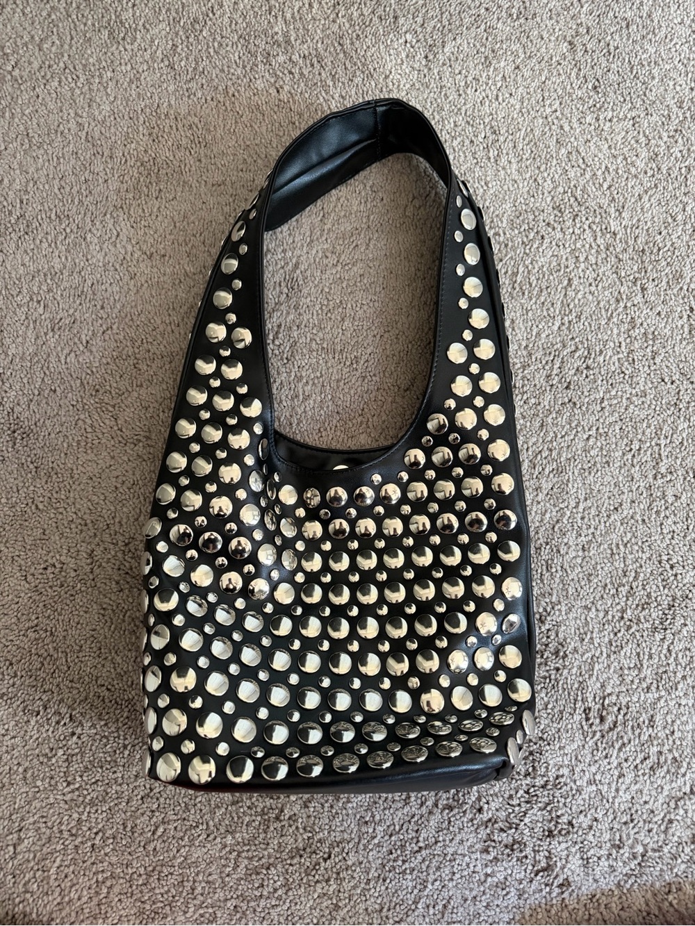 Black Studded Hobo Bag with Silver Accents - faux leather